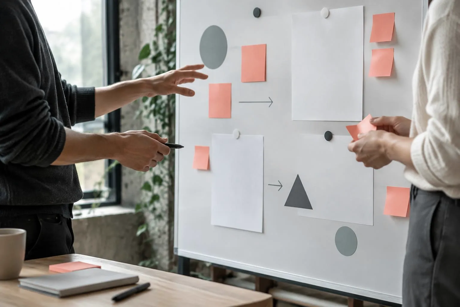 Hands discussing a workflow using shapes and blank notes on a whiteboard